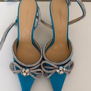 Turquoise Satin Pointed Toe Slingbacks with Crystal Bow